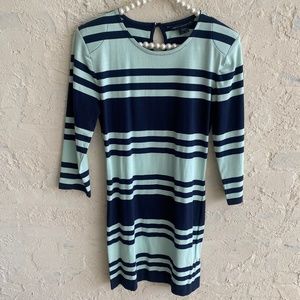 NWOT French Connection Striped Mini Dress Navy/Green 3/4 sleeves Keyhole Button